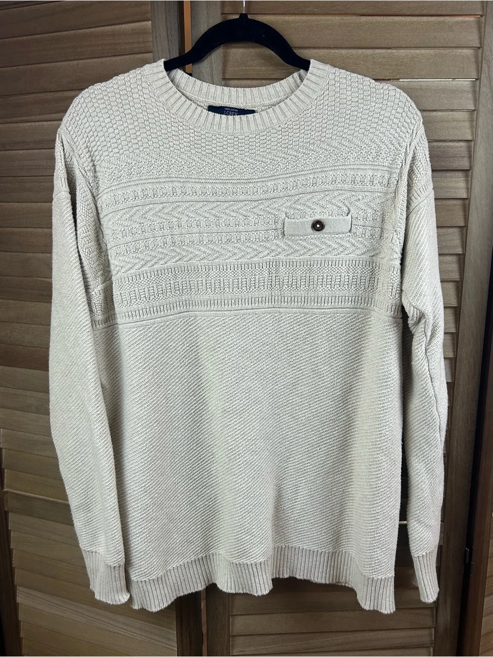 J.Crew Men’s Medium 100% Cotton Textured Knit Sweater Beige Crewneck Pocket